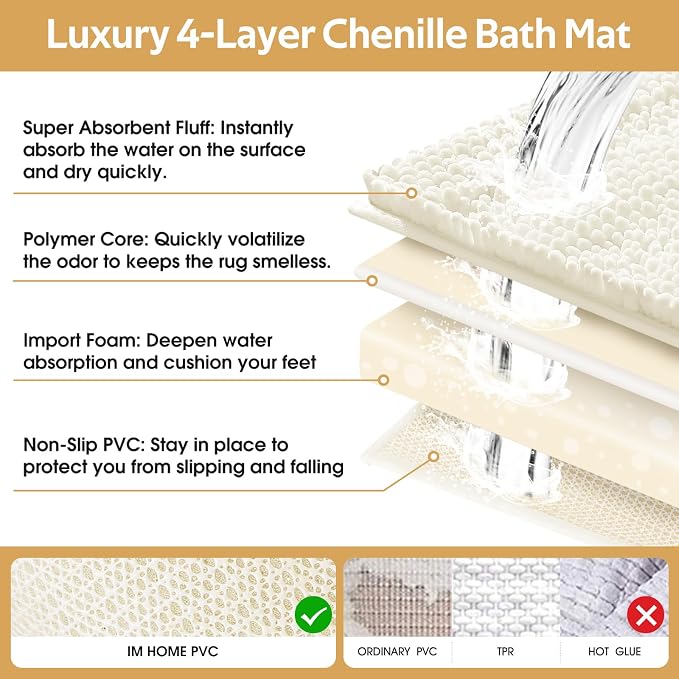 Striped Ice Cream Bathroom Rug Set 3 Pieces Ultra Soft, Non Slip Chenille Toilet Mat, Absorbent Plush Shaggy Bath Mats for Bathroom, Bedroom, Kitchen