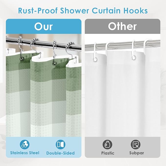 3 in 1 Shower Curtain and Liner,72 x 72 inch, Ombre Green | Striped Shower Curtain and PEVA Liner Set with 12 Rust-Resistant Metal Hooks, Waterproof Fabric Curtains for Bathroom