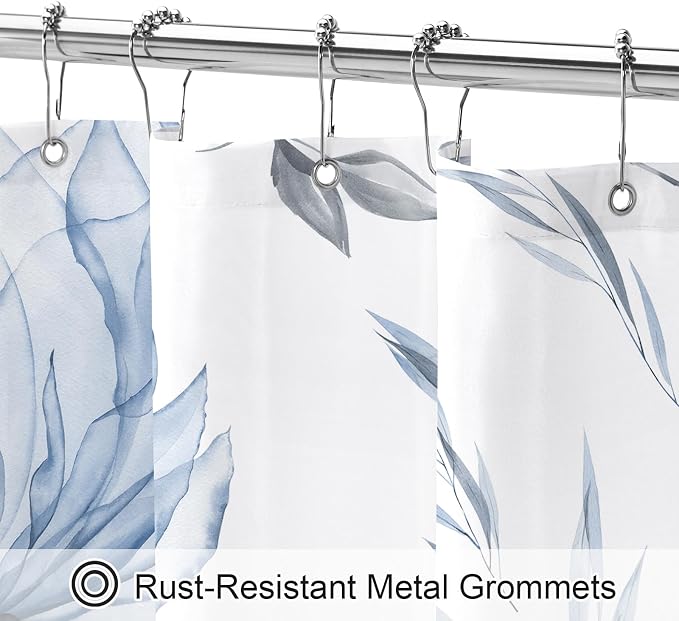 Litabel Long Boho Watercolor Floral Shower Curtain 72 x 78, Blue and Grey Ink Painting Style Flower Shower Curtains for Chic Elegant Bathroom, Artistic 78 Inch Long Fabric Shower Curtain