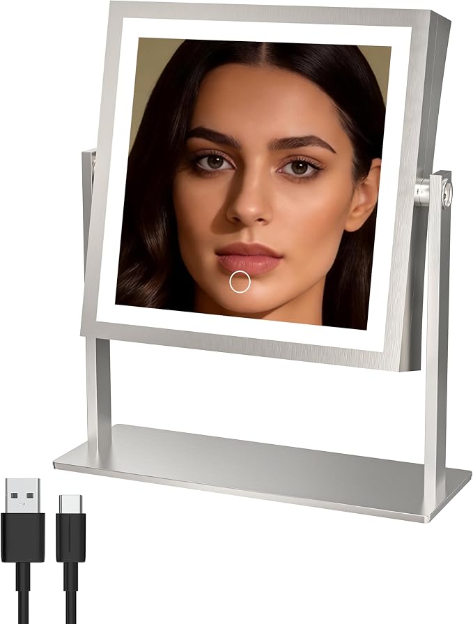 Ruacq Vanity Mirror with Lights, Dual Sided 1X/10X, Brushed Nickel | 8",4000mAh Rechargeable, Magnifying Mirror with 3 Color Lights,Touch Control Dimmable, 360° Rotation, Square, Gift for Women
