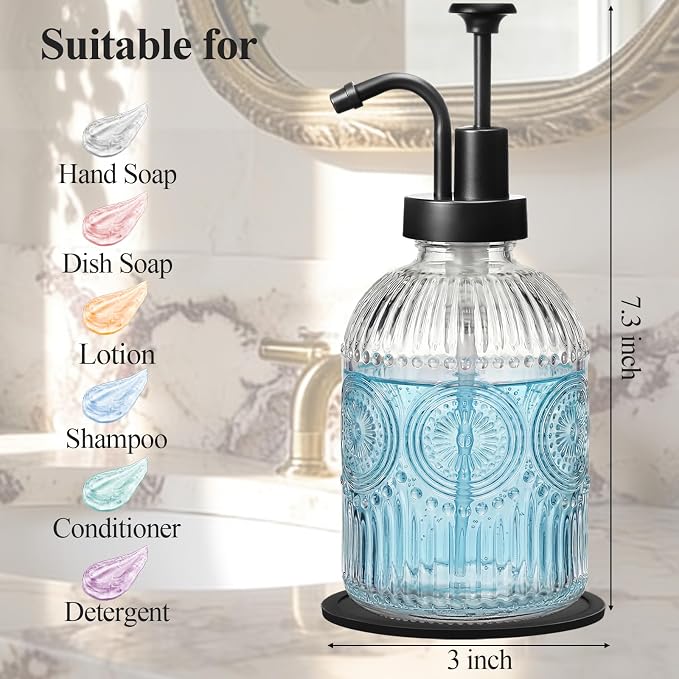 SheeChung 12oz Vintage Glass Soap Dispenser with Black Pump, Clear, 1 Pack | Refillable Dish and Hand Soap Dispenser for Bathroom Kitchen, Rustic Liquid Lotion Bottle,BPA-Free,Funnel,Mat,Farmhouse Decor