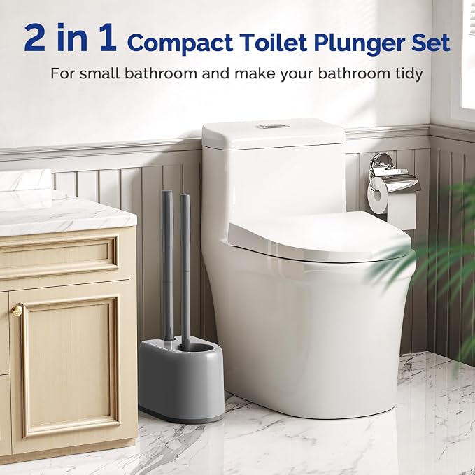 HAMITOR Toilet Plunger and Brush Set for Bathroom Cleaning with Extented Handle - Heavy Duty Toilet Plunger Combo Accessories with Caddy Stand Holder for Small Space - Gray | Extented Handle, Heavy Duty Toilet Plunger Combo Accessories with Caddy Stand...