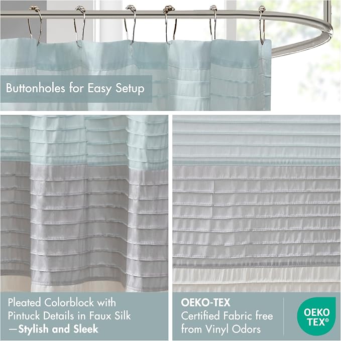 Madison Park Bathroom Shower Curtain, 72 x 84 Extra Long, Faux Silk, Aqua | Modern Classic, Light Sheen, Pieced, Striped, Microfiber, Machine Washable, OEKO-TEX Certified, Amherst