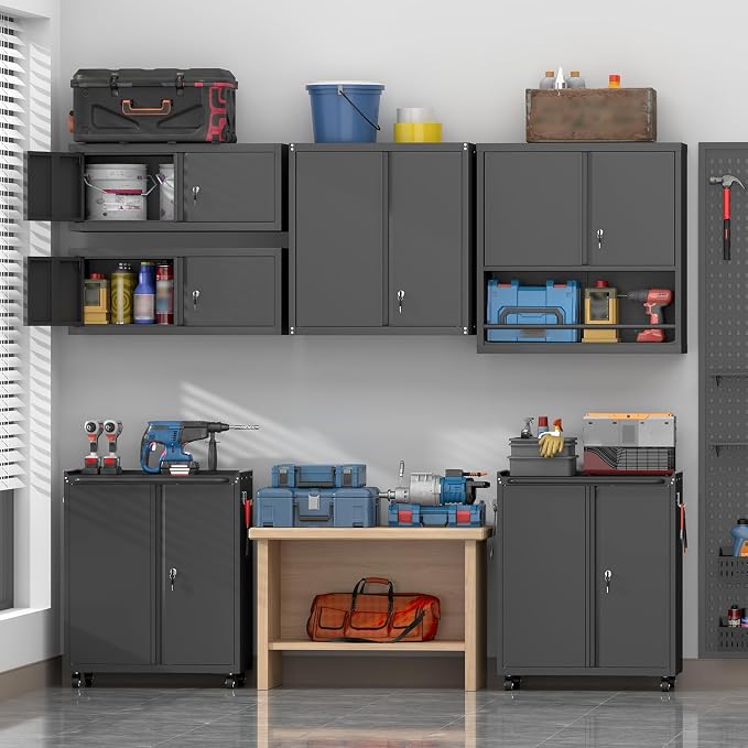 Metal Garage Wall Cabinets,13" H Garage Storage Cabinet Wall Mounted,Floating Storage Organization with Doors,Locking Hanging Cabinet for RV,Home Office,Warehouse,Black