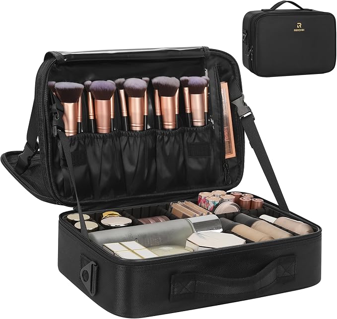 Relavel Makeup Bag Travel Train Case Cosmetic Organizer with Divider, Black | Large Storage Box with Adjustable Dividers and Brush Compartment for Cosmetics, Toiletries, Nail Polish, Jewelry, Electronic