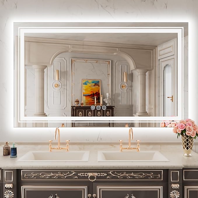 Snowdool 48 x 36 in RGB LED Bathroom Mirror, Front and Backlit, Anti-Fog | 8 RGB Backlight Modes, 3 Front Light Colors, Anti-Fog, Tempered Glass