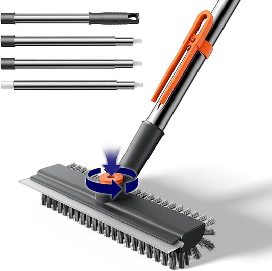 3 in 1 Adjustable Small Floor Scrub Brush with Long Handle | 360 rotating head Right-angle Heavy-Duty Stiff Bristle with Squeegee and Tweezer for Cleaning Bathroom Tile Patio and Kitchen