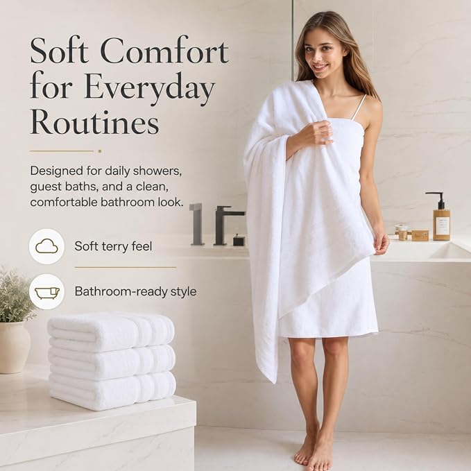 Velqora Bath Towels 2 Pack, 30x60 in, 100% Cotton, Soft & Absorbent, White | Balanced Weight | Everyday Comfort | Easy Care