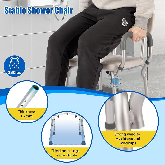 Shower Chair with Arms and Back, 330lbs Heavy Duty Bath Seat with U-Shaped Cutout, 21" Extra Wide Adjustable Shower Stool with 2 EVA Pads and Shower Head Holder, Tool-Free Assembly
