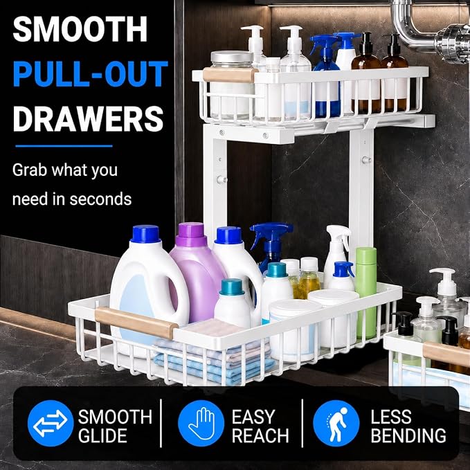 Under Sink Organizer 2 Pack, Double Slide Out Metal Shelf, White | Pull Out Kitchen Storage Cabinet Organizer, 2-Tier Under Sink Storage Rack for Bathroom Laundry Kitchen Storage with Drawer