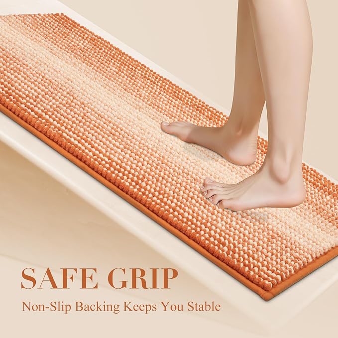 Large Bath Rugs, Non Slip 20 x 47 Inches Water Absorbent Chenille Floor Mats Machine Washable (Pumpkin Orange)