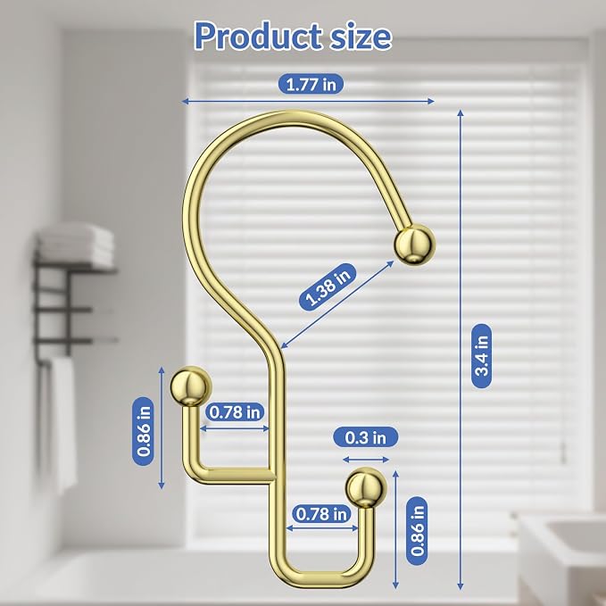 Shower Curtain Hooks, Gold Shower Curtain Hooks Rust Proof, Anti-Drop Metal Shower Curtain Rings Hooks, Double Shower Hooks for Shower Curtain, Shower Rings for Curtain & Liner, Gold-12 Pcs