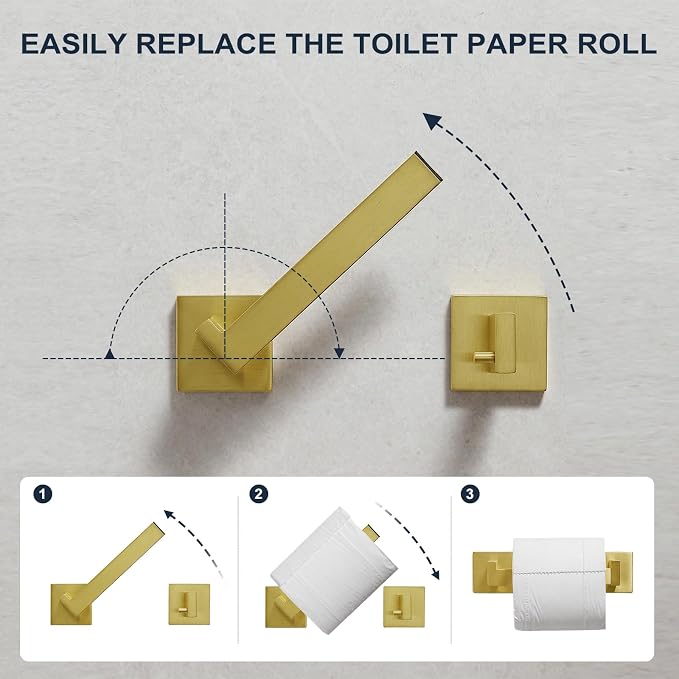 Toilet Paper Holder Wall Mount Brushed Gold Stainless Steel | Toilet Tissue Roll Holder Bathroom Square Toilet Paper Towel Roll Holder Double Post Pivoting Tissue Handle