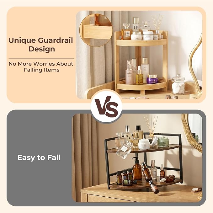 2026 New Bamboo Standing Shelf, 2 Tier Corner Shelf Stand, bathroom counter/sink organizer, Triangular Curved Corner Shelf Stand for Space-Saaving Display Ideal for Bathroom/Kitchen/Living Room