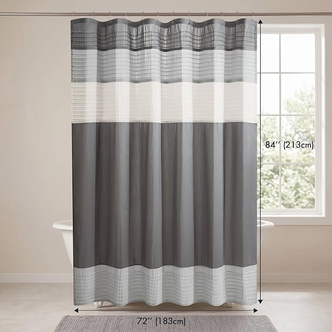 Madison Park Bathroom Shower Curtain, 72 x 84 Extra Long, Faux Silk, Grey | Modern Classic, Light Sheen, Pieced, Striped, Microfiber, Machine Washable, OEKO-TEX Certified, Amherst