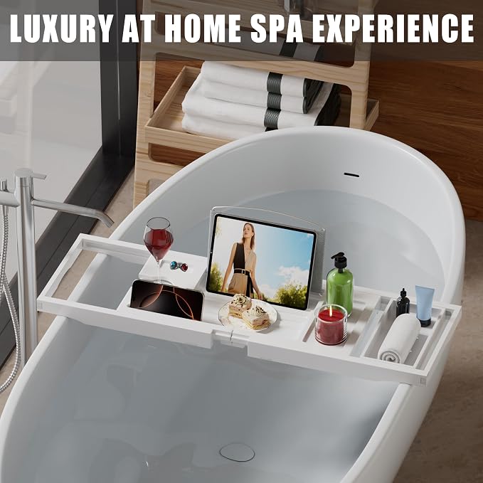 Bamboo Bathtub Tray Caddy, Foldable Bath Tray for Tub | Expandable Bath Table Trays, Bathtub & Bathroom Accessories for New Home/Mothers Day/Birthday Gifts for Couples, White