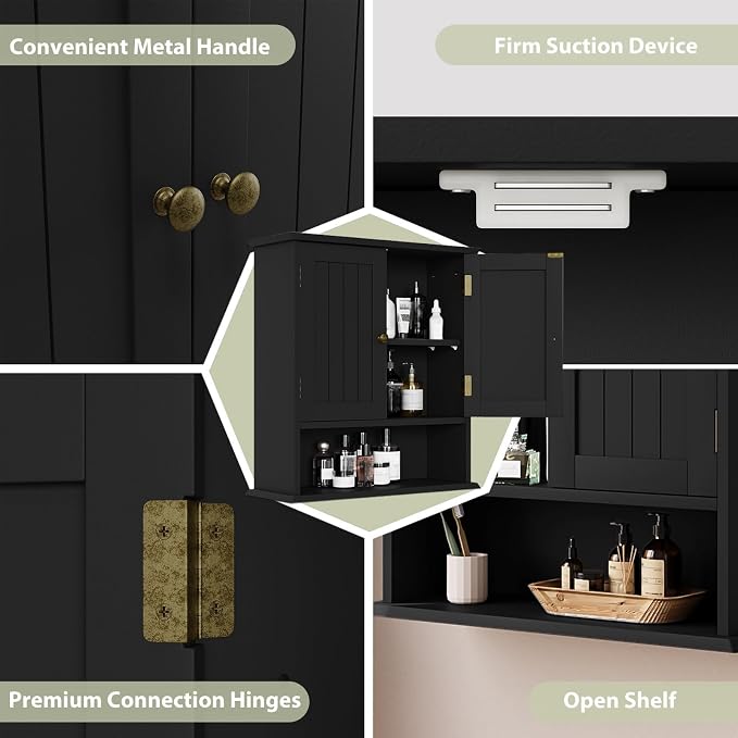 Smuxee Black Wall Cabinet, Small, 2-Door Medicine Cabinet with Adjustable Shelves, Over Toilet, For Kitchen and Laundry Rooms