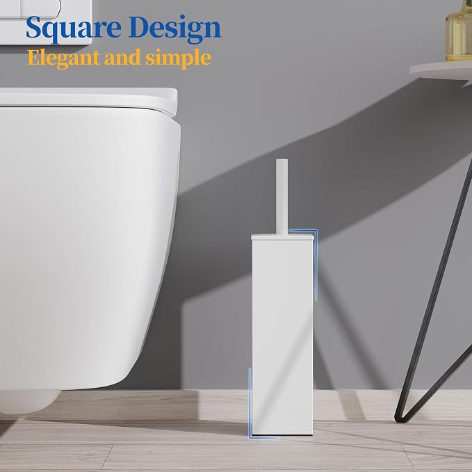 RUACQ Toilet Brush and Holder Set, Square, White | SUS304 Stainless Steel Handle, Toilet Cleaner Brush with Durable Scrubbing Bristles, Splash-Proof