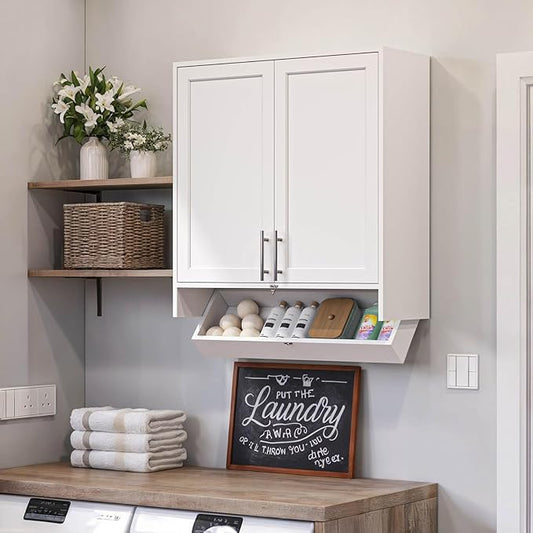 29.5’’Wx11’’Dx31’’H Laundry Wall Cabinet with Flip-Bottom Drawer, Laundry Cabinet Wall Mounted, Bathroom Wall Cabinet, Shaker Upper Wall Cabinets for Laundry, Kitchen, White