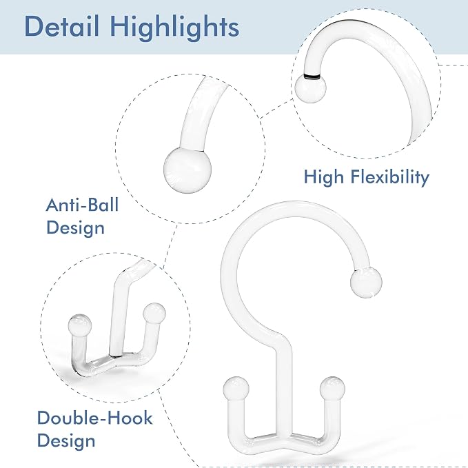 Bathway Clear Plastic Shower Curtain Hooks, 24 Double Shower Curtain Rings | Hang Both Shower Curtain & Liner, Waterproof, Rust-proof, Sturdy, Durable, Flexible, Multifunctional, Universal, Easy to Use