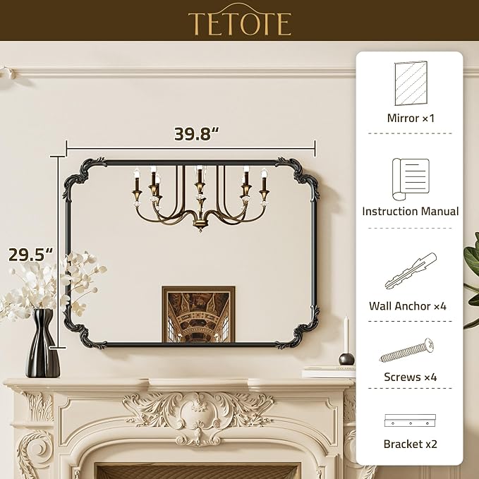 Baroque Antique Black Scroll Wall Mirror 40 x 30 Vintage Rectangle Framed Baroque French Rectangular Mirror for Mantle Fireplace Bathroom Living Room, Horizontal/Vertical