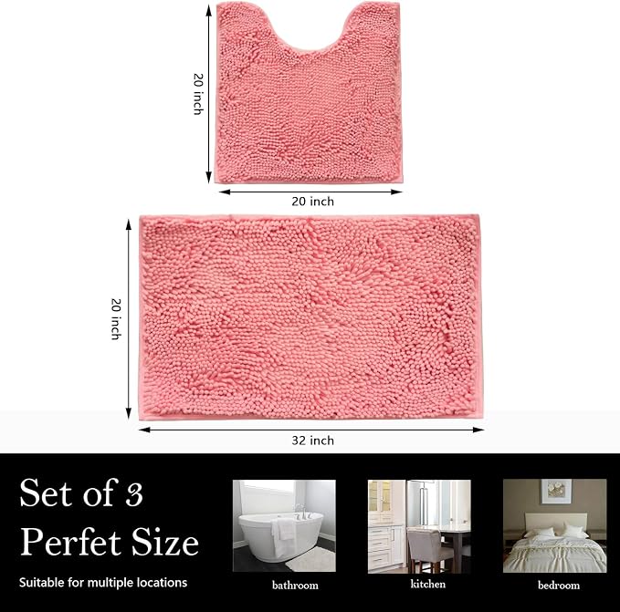 Bathroom Rugs Chenille Bath mat 2 Piece Set, Super Absorbent, Strong PVC Non Slip Backing, Bath mats for Bathroom, Plush Shaggy, Thick, Machine Washable, Bathtub, Shower, Toilet.(Pink)