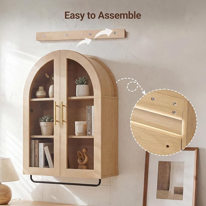 Seang Bathroom Arched Wall Cabinet,23.6" Modern Medicine Cabinet with Towel Bar and Adjustable Shelf,Over The Toilet Wall Storage Cabinet for Laundry Room,Living Room,Kitchen,Natural