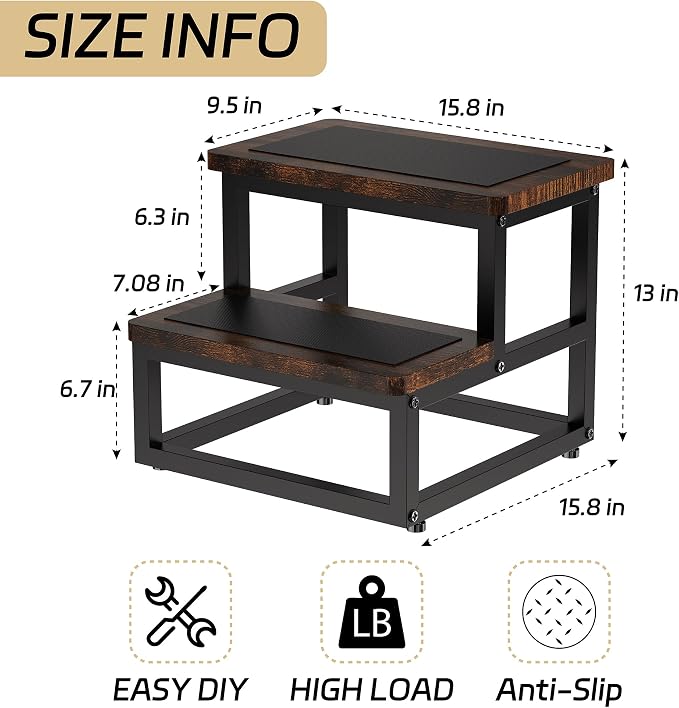 SZLHANJZ Step Stool, Wood & Metal Step Stools for Adults Kids, 500 LB Load | Multi Purpose Round Corner Bed Step Stools for High Beds, Dog Steps Portable Stepping Stool for Bedroom Kitchen, Rustic Brown