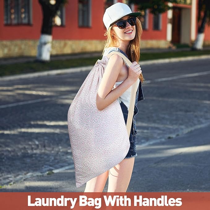 Laundry Bag Backpack for Dorm & Travel, 29 x 18" Large Dirty Bag | Cute Pink Floral College Clothes Pouch with Straps and Handles. Ideal for Apartment, Camp and Portable Bag for Laundromat