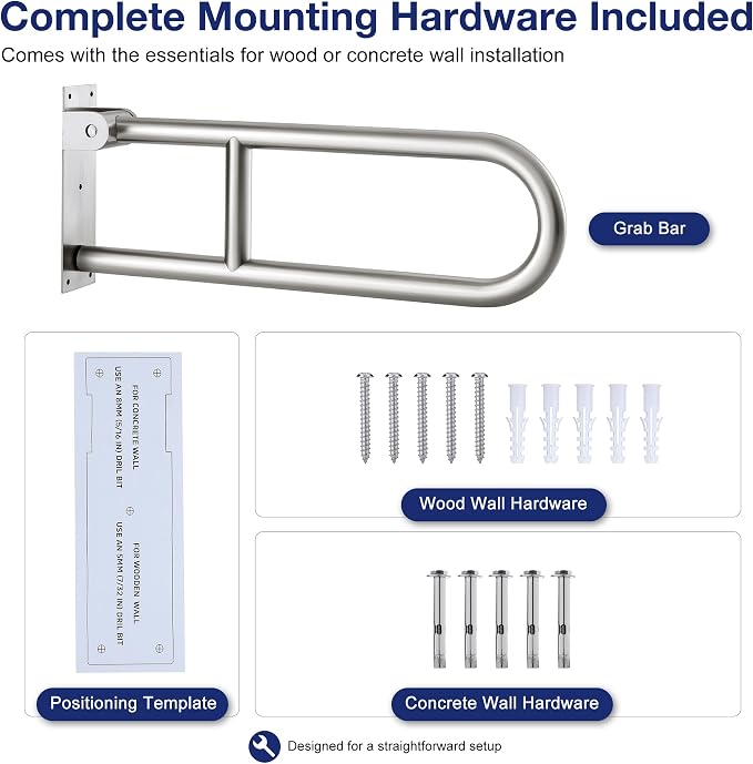 24 Inch Toilet Grab Bar-304 Stainless Steel Flip Up Handrail | Brushed finish | Wall mounted | 1.25 inch grip | Space saving fold up design | Template & hardware included