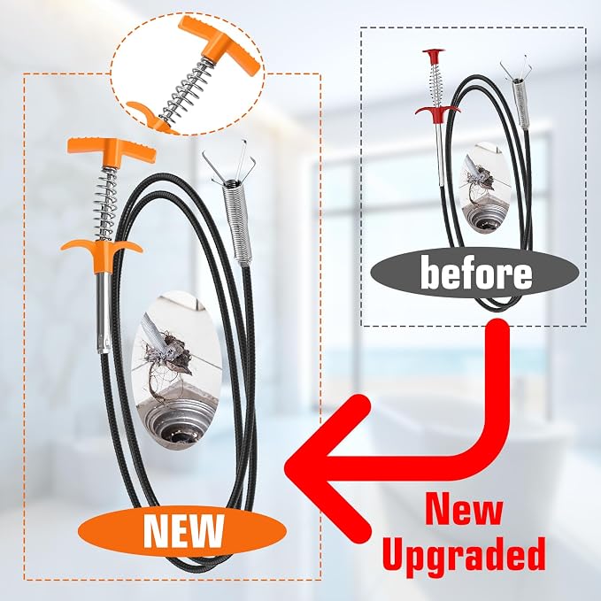 New Upgrade 63 inch Drain Snake Hair Drain Clog Remover Tool - Sink Drain Cleaner for Toilet Sewer Shower Kitchen Bathroom Tub Clogged Drains Opener Cleaning Tool, Flexible Grabber Claw Pick Up Tool