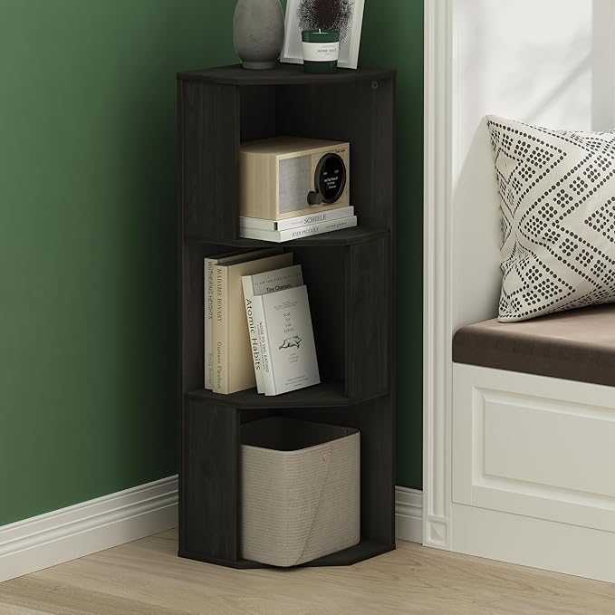 Furinno ECON Corner Shelf, 3-Tier Corner Book Shelf, Standing Storage Shelves, Cube Display Rack, Bookshelf, for Organization and Storage, Living Room, Home Office, Espresso