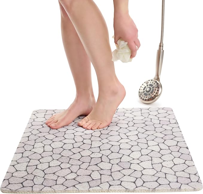 Enkosi Loofah Shower Mat Non-Slip - Anti-Slip Bath Mat for Inside Showers, Tub, Bathtub, Bathroom - Quick Dry PVC with Drain Holes - Cushioned Safety Grip - Secure for Kids and Elderly (Pebble 24x24)