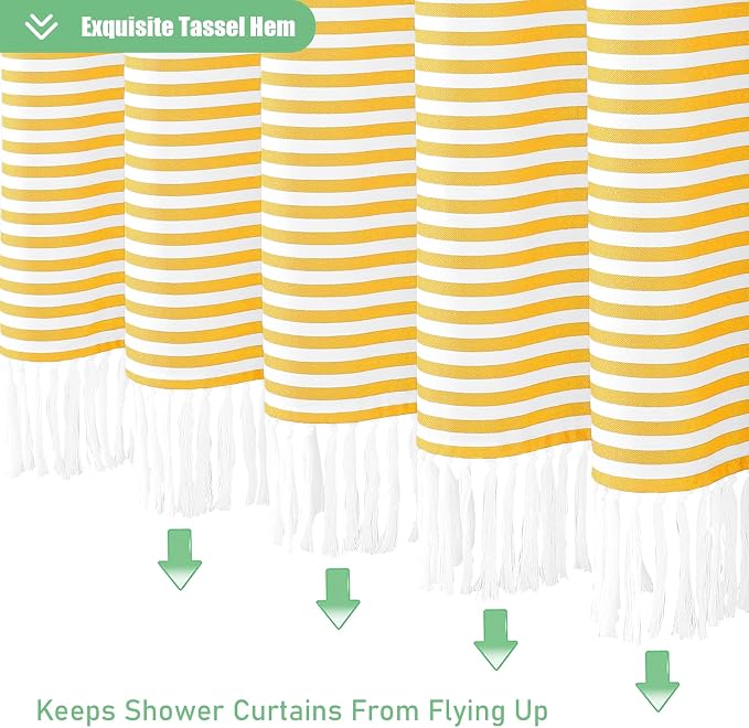 Stall Fabric Shower Curtain, Modern Farmhouse Yellow and White Striped Cloth Shower Curtain with Boho Tassels, Small Hotel Luxury Bathroom Shower Curtain Set with 6 Hooks, Yellow, 36x72