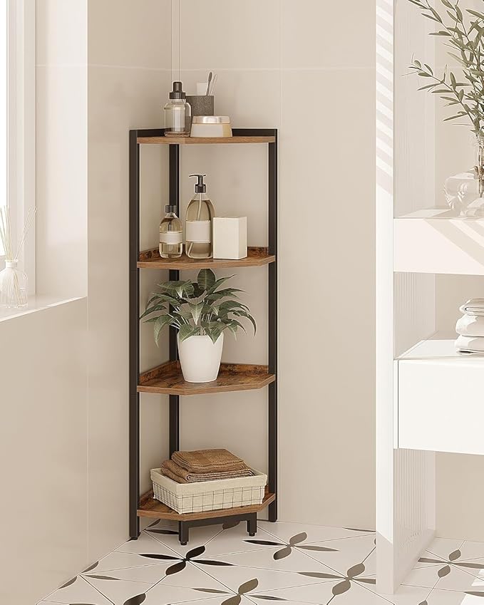 Hzuaneri Corner Shelf Stand 4-Tier Corner Bookshelf Storage Standing Shelf | Bookcase Plant Stand with Metal Frame for Living Room, Home Office, Bedroom, Black CS05801B