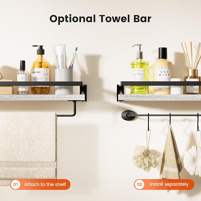 Amada Bathroom Shelves with Towel Bar, Set of 2, White | Floating Shelves with Detachable Towel Bar, Protective Metal Guards, Paulownia Wood, Bathroom, Living Room & Kitchen Storage