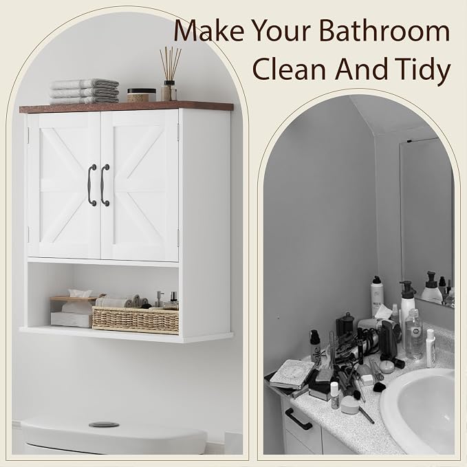 Smuxee Farmhouse Bathroom Cabinet Wall Mounted, White Small Medicine Cabinet with Adjustable Shelf, Bathroom Cabinet for Living Room, Laundry Room