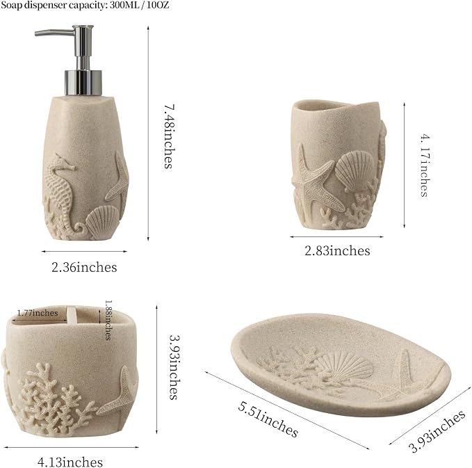 Bathroom Accessories Set, 4 PCS, Sea Bathroom Decor, Sandstone Look Beige | Ocean Theme,With 10OZ Soap Dispenser, Toothbrush Holder, Tumbler, Soap Dish, For Bathroom Countertop Organizer