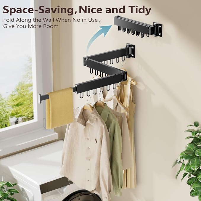 Clothes Drying Rack Wall Mounted, Space-Saving Drying Rack Clothing, Collapsible Foldable Retractable Laundry Rack with 18 Hooks, Indoor/Outdoor, Black