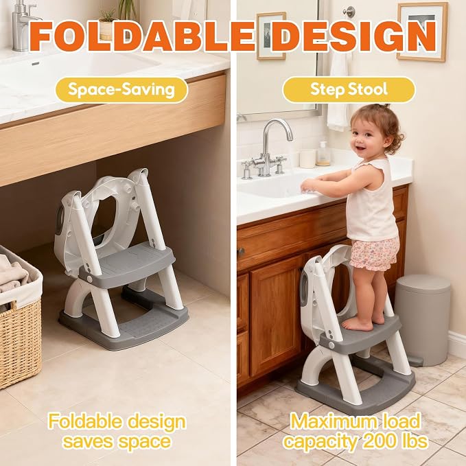 Potty Training Toilet for Toddlers, 2-in-1 Potty Training seat, Anti-Slip | SKYROKU, Fits Round & Elongated Toilets, 6 Heights, Splash Guard, Foldable, Holds 200+ lbs, Step Stool, Dishwasher Cushion