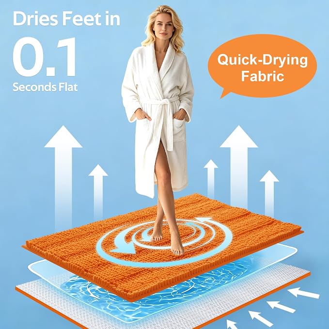 Striped Orange Bathroom Rug Set 3 Pieces Ultra Soft, Non Slip Chenille Toilet Mat, Absorbent Plush Shaggy Bath Mats for Bathroom, Bedroom, Kitchen
