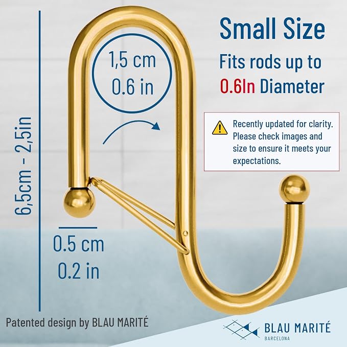 10-Pack Metal S Hooks for Hanging – Heavy-Duty S-Shaped Hooks with Safety Buckle – Fits Bars up to 0.6 in – Anti-Drop Hooks for Kitchen, Pot Racks & Towel Bars – Gold (Small)