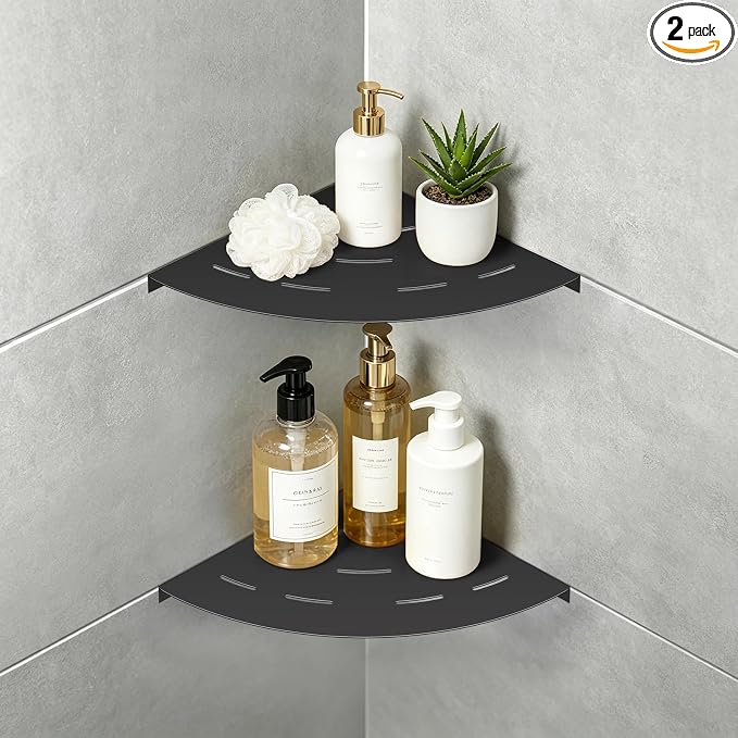 soaez Matte Black Corner Shower Shelf, SUS304 Stainless Steel Bathroom Shower Shelves Prevent Rust Drilling Installation (8", 2Pack)