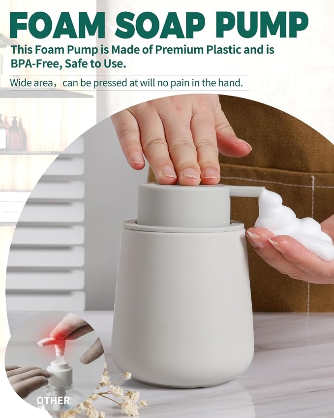 Bosilunlife 12Oz Ceramic Foam Soap Dispenser for Bathroom Kitchen Counter | Premium countertop foam pump creates delicate dense foam, stable desktop placement, Rubber Paint Light Grey