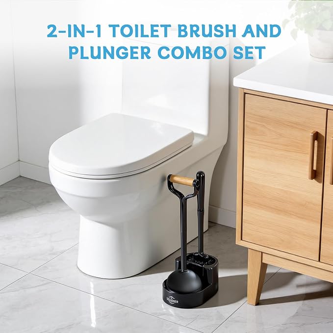 Toilet Brush and Plunger Set, Curved Head for Deep Cleaning, Black | Brush and Plunger set, Curved Nylon Bristles for Deep Clean, Strong Suction Plunger, Ventilated Holder for Quickly Air Dry