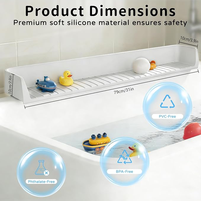 Splash Guard for Bathtub, 31-Inch Silicone Tub Toy Tray for Kids | Bathtub Splash Guard for Kids, Tub Edge Guard with Toy Holder Shelf to Help Reduce Spills and Keep Floors Dry