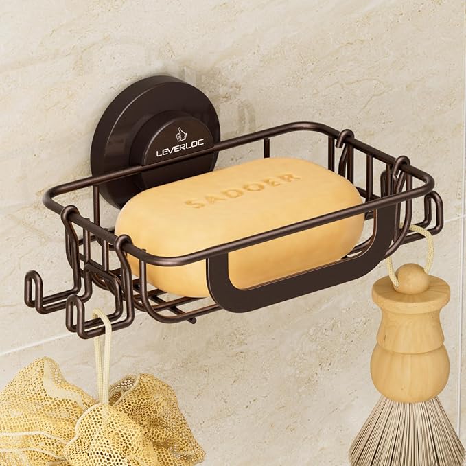 Bar Soap Holder with Hooks, Suction Cup Soap Dish Stainless Steel | Soap Holder Shower Wall Mounted, Soap and Razor Holder for Shower, Rustproof for Bathroom, Sponge Holder Saver, Brown