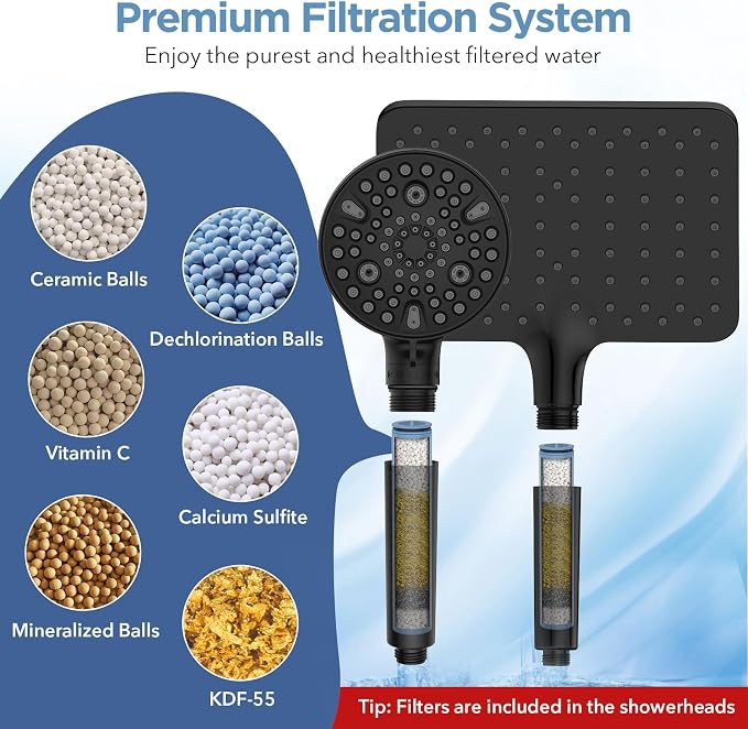 MakeFit Dual Filtered Rain Shower Head Combo, High Pressure Handheld Shower Head with Adjustable Bar - Rainfall Shower Head And Showerhead with Filter for Hard Water - Removes Chlorine