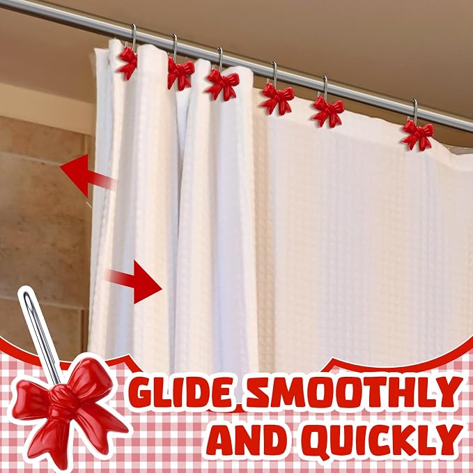 Yaocom 12 Pcs Red Bow Shower Curtain Hooks Rustproof Metal Rings | Decorative Bow Knot Style for Bathroom Bedroom Decor, Smooth Glide on Rod, Bulk Set for Curtain Replacement, Rustproof Finish
