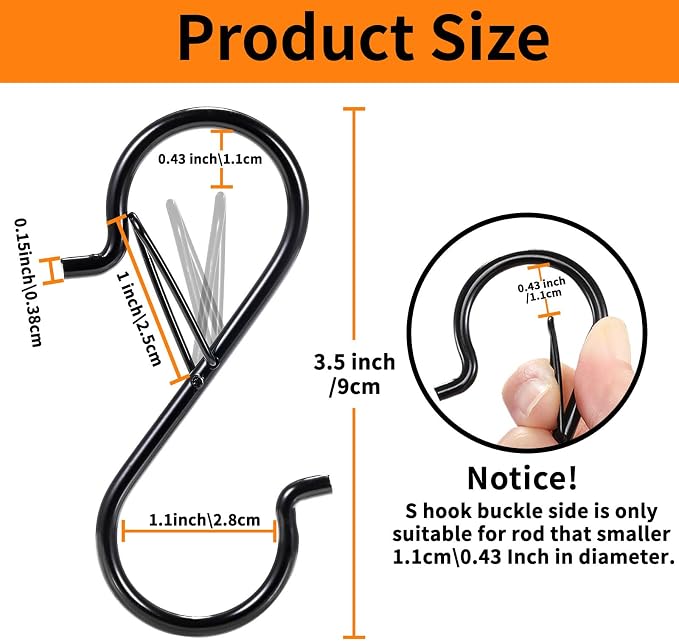 24 PCS S Hooks for Hanging with Safety Buckle, Heavy Duty Metal S Hooks | 3.5 inch S Shaped Hanger Hooks for Hanging Kitchen Utensil, Cups Pots Pan Closet Plants Purse Bags Hats (Black)